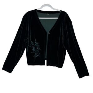 Vintage Velvet Cardigan‎ Women XL Sweater Top Green Cropped Stretch Y2K Outdoor